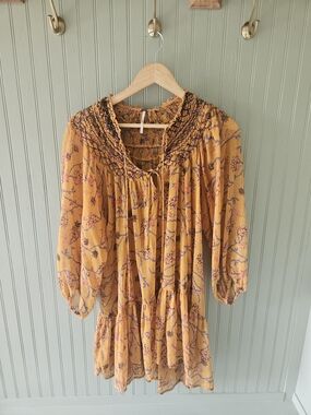 Free People Mustard Floral Smocked Mini Dress